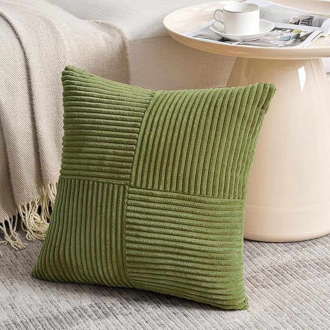 Fancy Homi 2 Packs Moss Green Big Decorative Throw Pillow Covers 24x24 Inch for Couch Bed Sofa, Rustic Farmhouse Boho Home Decor, Soft Corss Corduroy Patchwork Accent Square Cushion Case 60x60 cm-Ruum Studio Home
