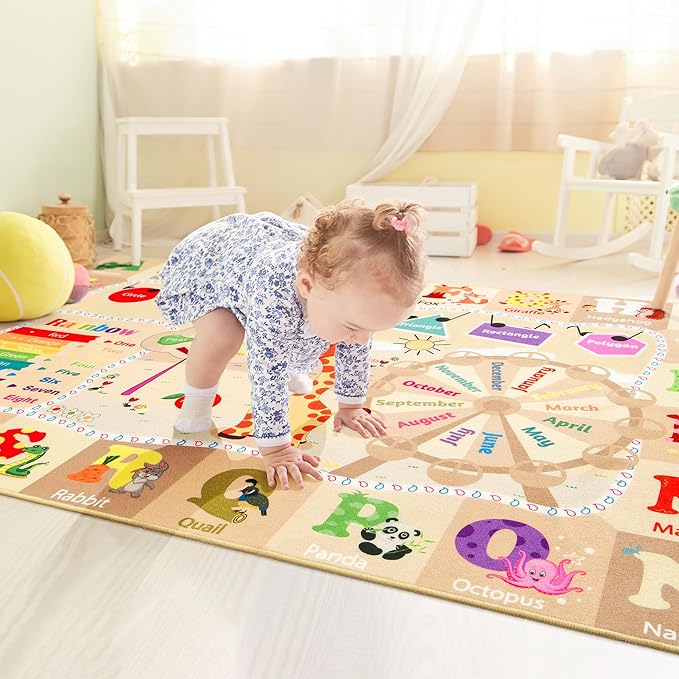 Kids Rugs for Playroom Washable, Educational and Fun Learning Rugs with ABC Alphabet Animals Shapes, Baby Toddler Children's Play Mat for Bedroom Classroom Nursery, 3x5 Feet, Beige and Pink-Ruum Studio Home