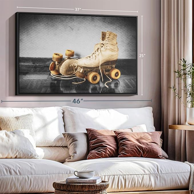 ElephantStock Vintage Skates Pop Wall Art - Horizontal Framed Canvas - 1-Piece Living Room Wall Decor - Sport Photography Canvas Print - Beige and Black Decor for Wall - 37" X 25"-Ruum Studio Home