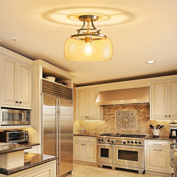 WUZUPS Chandelier Rustic Farmhouse Industrial Round Semi-flushmount Ceiling LED Light Fixture with Clear Glass Shades for Bathroom Kitchen Foyer Entryway, H 11.8" x W 13.4", E26 Base, Brushed Nickel-Ruum Studio Home