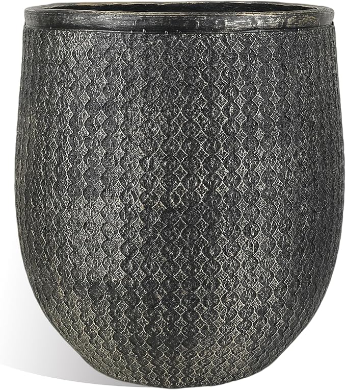 Worth Garden 12" Dia x 15" H Round Planter – Lightweight Magnesium Oxide Cement Plant Pot with Texture – Raised Pattern Concrete Look – Drainage Hole – Indoor & Outdoor Use - Black Gold-Ruum Studio Home