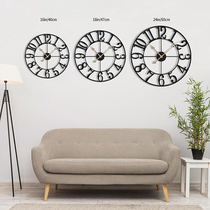 LEIKE Large Wall Clock, 18.5" Silent Non-Ticking, Battery Operated, Oversized, Decorative Retro Black Metal Clock for Living Room,Farmhouse, Dinner Room,Indoor, Outdoor(47cm, Black Arabic Number)-Ruum Studio Home