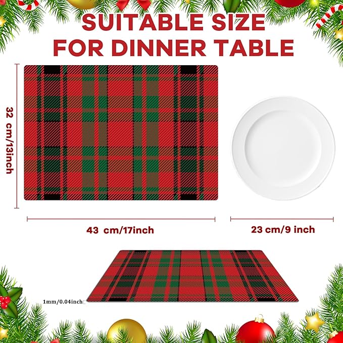 Christmas Placemats Set of 6 Red and Green Plaid Plastic Table Mats Recyclable Place Mats Washable Farmhouse Holiday Table Decoration for Indoor Outdoor Christmas Party Kitchen Dining-Ruum Studio Home