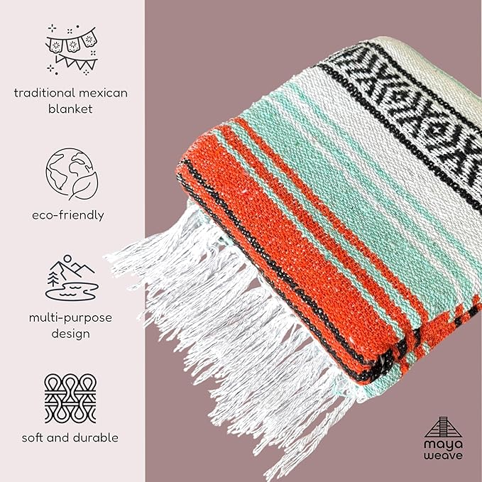 Traditional Handwoven Mexican Blanket, Large Falsa Serape - Soft & Durable - Vibrant Beach, Picnic, Yoga & Camping Mat - Lightweight Boho Throw 70"x50" (Sunset)-Ruum Studio Home