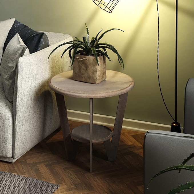 Rustic Farmhouse End Table with Storage Shelf, French Country Accent Side for Family, Dinning or Living Room, Small Spaces, Modern, Round, Vintage Blue Finish, Curved Leg-Ruum Studio Home