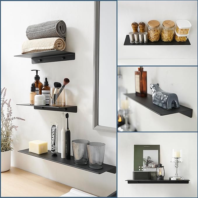 JOOM Small Metal Wall Floating Shelf - Metal Wall Shelf, Black Floating Shelf, Small Bathroom Shelf, Display Shelves for Living Room/Kitchen/Bedroom (Black, 8Inch)-Ruum Studio Home