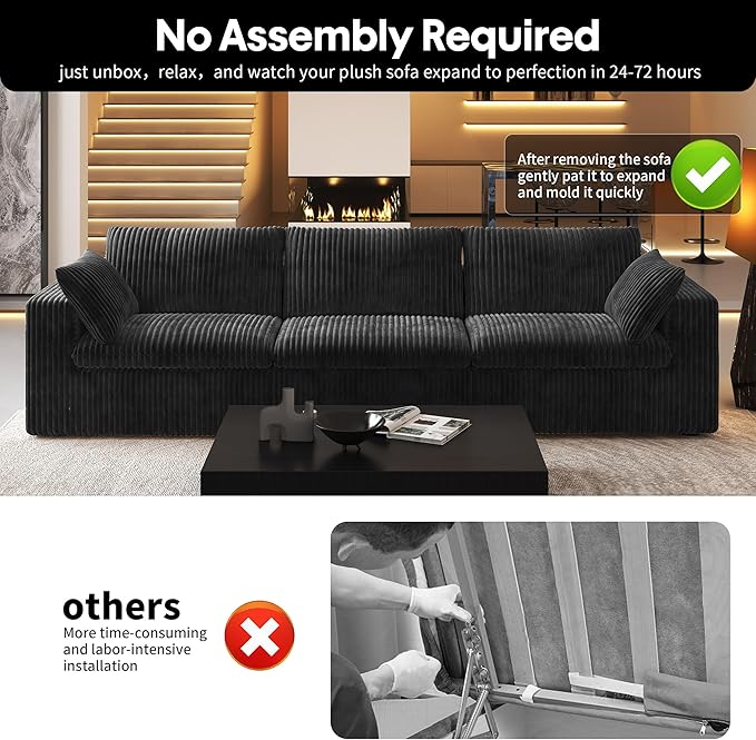 118" 3-Seater Cloud Sofa,Modular Sectional Couch,Modern Deep Seat Upholstered Couches with Plush Corduroy Fabric for Living Room Furniture,Bedroom and Apartment,No Assembly Required,Black-Ruum Studio Home