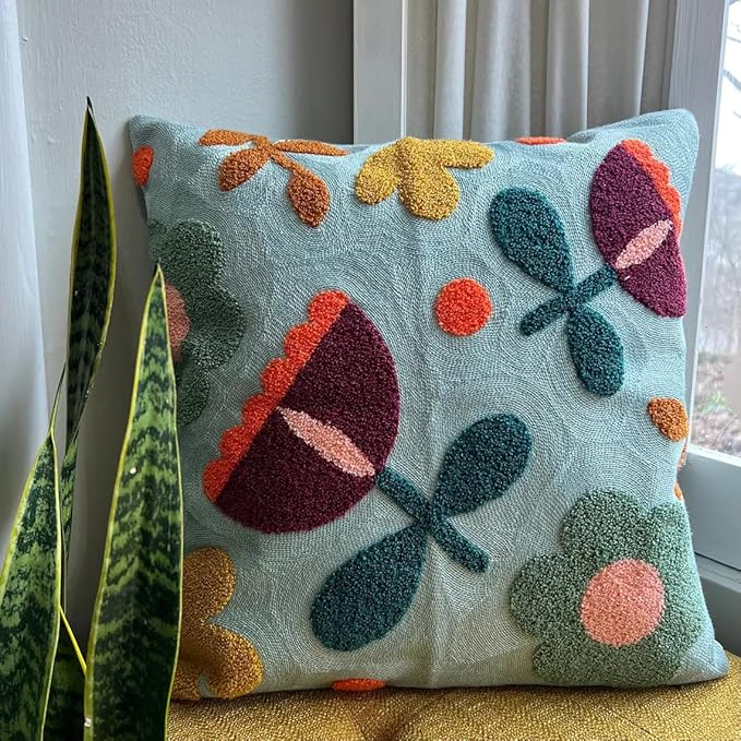 MOCOFO Canvas Embroidered Throw Pillow Cover with Flower Spring Embroidery Craft Modern Simple Sofa Office Pillow Pillow Case (Flower, 18x18’’)-Ruum Studio Home
