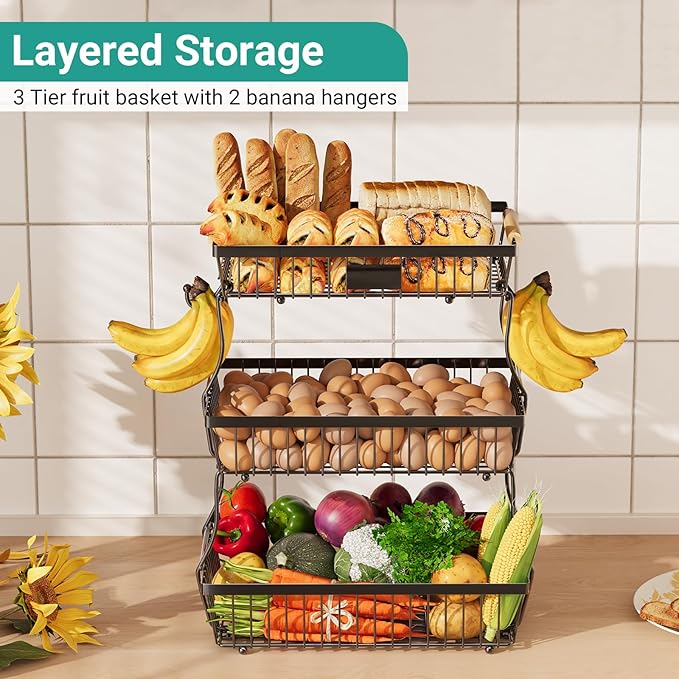3 Tier Fruit Basket for Kitchen Counter with 2 Banana Hangers, Countertop Metal Fruit Bowl with Wooden Handle, Large Storage Stand for Vegetables, Snacks, Breads, Produce Storage – Black-Ruum Studio Home