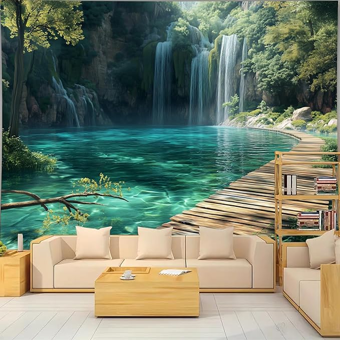 BSFHH Nature Tapestry Forest Tree Sea Cave Wall Hanging, Stream Through Rainforest Landscape Wall Art Tapestry for Bedroom Living room (Waterfall, 110" × 87", Unframed)-Ruum Studio Home