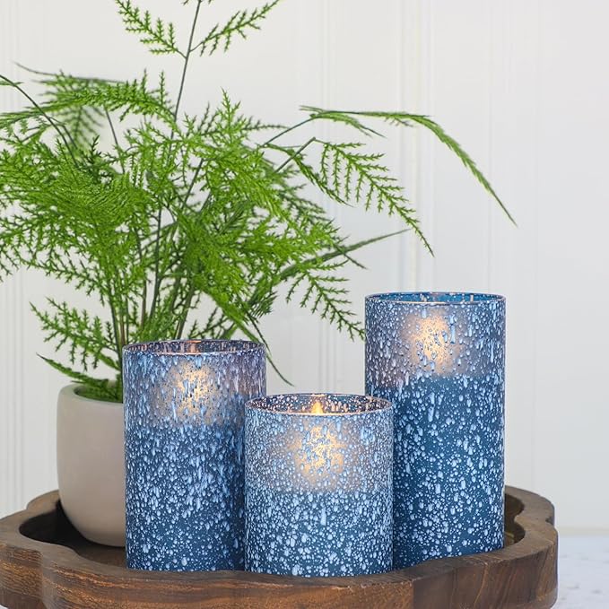 Flameless Candles with Remote - Battery Operated Candles with Timer, Flickering Real Wax LED Pillar Christmas Candles for Wedding, Table, Home Decorations (Blue, Set of 3)-Ruum Studio Home