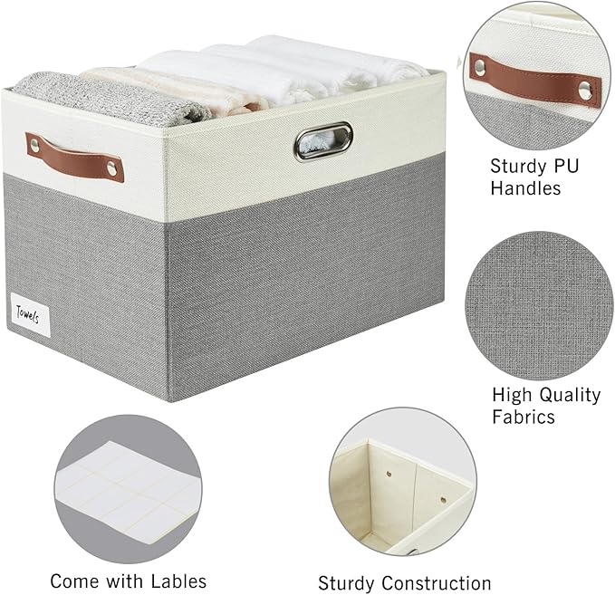 Large Collapsible Fabric Storage Bins with 3 Handles, Foldable Organizer Baskets for Closet, Shelves, Living Room | 3 Pack, Durable PU & Metal Handles (17"x11.8"x11.8", Gray & White)-Ruum Studio Home