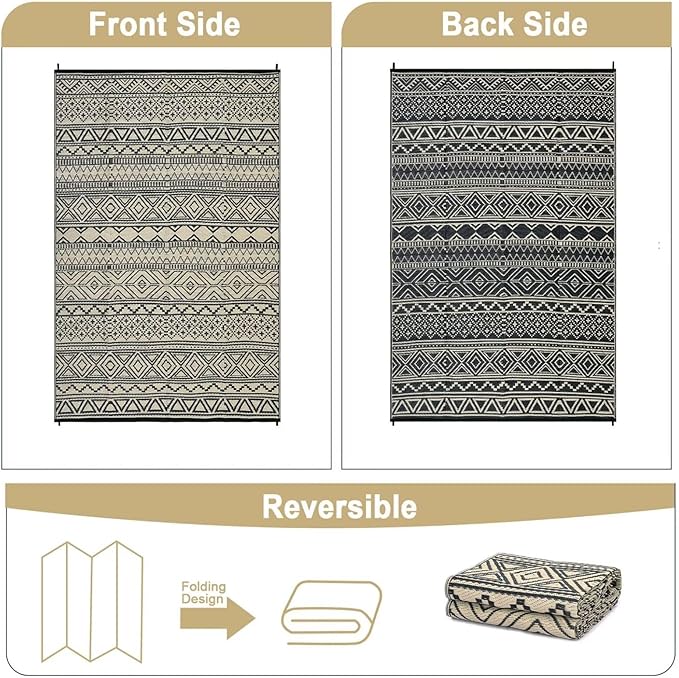 GAOMON Outdoor Rug for Patio Clearance 5x8 Reversible Plastic Straw Patio Rug for Camping Stain & UV Resistant RV Mats for Porch, Deck, Backyard, Camper, Balcony, Picnic, Black&Brown-Ruum Studio Home
