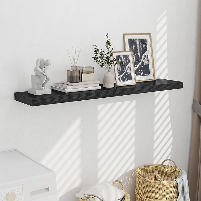 Fun Memories 55 Inch Fireplace Mentel Shelf, 10 Inch Deep Shelves for Display & Wall Storage, Rustic Wood Wall Shelf, Extra Long Floating Shelves for Living Room Laundry Room, Black, Set of 1-Ruum Studio Home