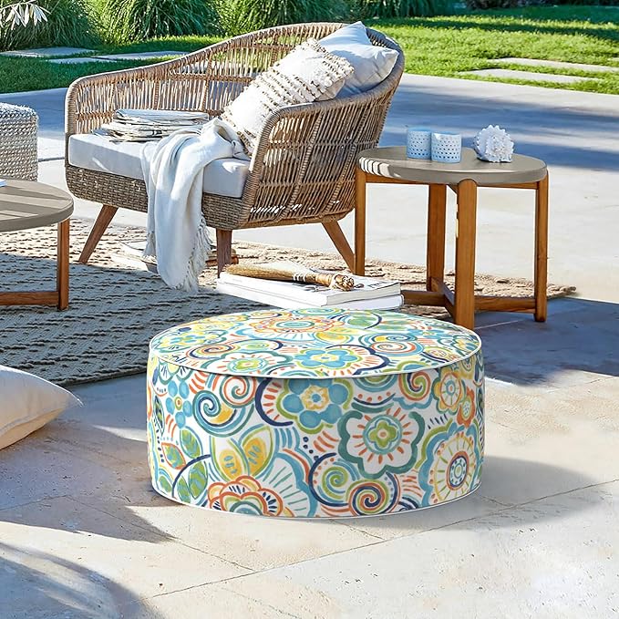 LVTXIII Outdoor/Indoor Inflatable Stool Ottoman, All Weather Patio Footrest Pouf, Portable Round Ottoman for Patio Garden, Camping or Home, D21xH9 Inches, Flower Blue-Ruum Studio Home