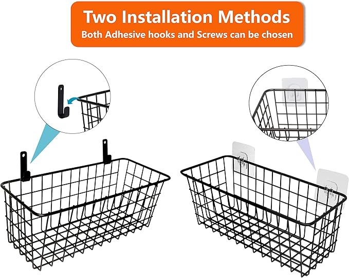 Joben Oligey 3 Set Hanging Wire Baskets ,Wall Mount Fruit Basket,No Drilling,Adhesive Small Metal Basket,Farmhouse Food Storage Mesh Bin Kitchen Pantry Laundry Bathroom Closet Garage RV ,Black-Ruum Studio Home