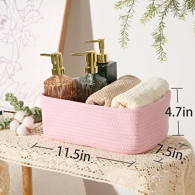 Small Storage Baskets for Organizing | Closet Organizer Bins | Shelf Toy Basket | Woven Rope Baskets | Cube Decorative Box | Shallow Basket | 11.5x7.5x4.7” | 3 Packs Pink-Ruum Studio Home