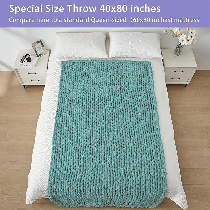 Bigacogo Chunky Knit Throw Blanket for Couch, 40x80 inches, 100% Hand Knitted with Thick Jumbo Chenille Yarn, Cozy Soft Large Rope Knot Cable Crochet Blankets for Sofa Bed Living Room, Light Teal-Ruum Studio Home