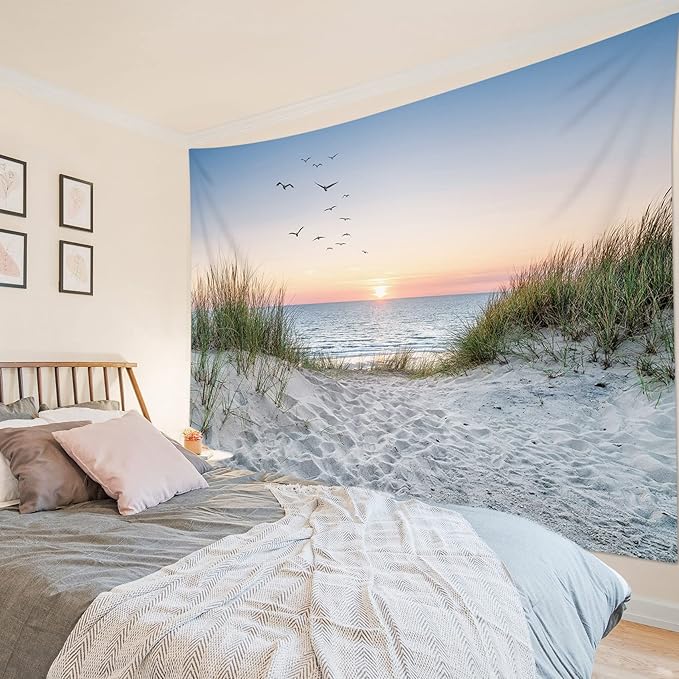 HVEST Ocean Beach Tapestry Wall Hanging, Sunset Seabird and Beach with Grass Wall Hanging Tapestry Natural Landscape Tapestry for Bedroom Living Room Dorm Decoration Wall Decor, 80x60 Inches-Ruum Studio Home