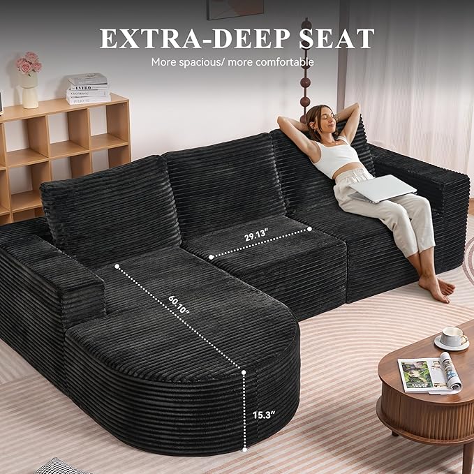 Modular Sectional Sofa with L-Shape Chaise,Cloud Sectional Modern Sleeper Couch with Deep Seat,Sponge Compression Sofas No Assembly Required(Plush Corduroy Fabric) 1PCS-Ruum Studio Home