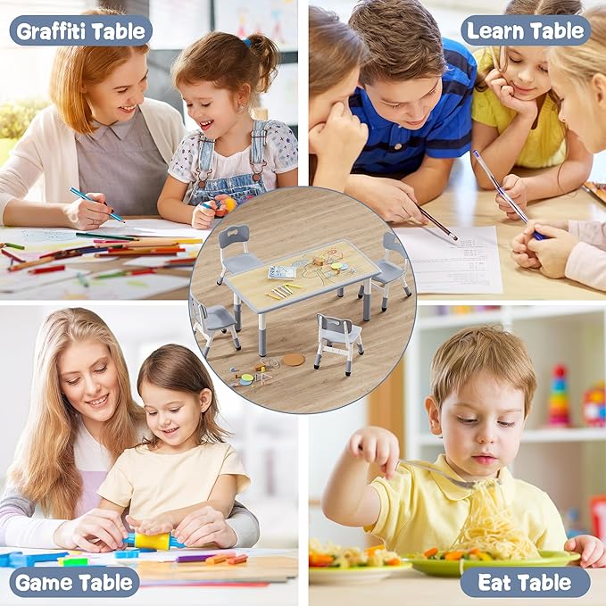 Brelley Kids Table and 4 Chairs Set, Height Adjustable Toddler Desk and Chair Set, Graffiti Desktop, Non-Slip Legs, Max 300lbs, Children Multi-Activity Table for Ages 2-8-Ruum Studio Home