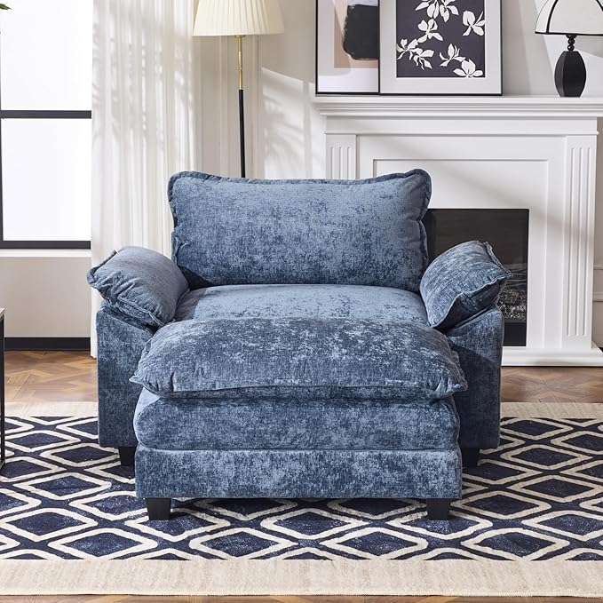 Karl home Oversized Accent Chair Chenille Sofa with Chaise, Modern Sofa Chair with Removable Ottoman Modular 1-Seater Couch and 2-Layer Ottoman for Living Room, Apartment, Studio, Dusty-Blue-Ruum Studio Home