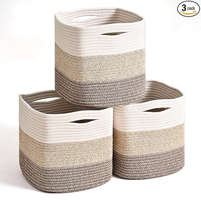 11 Inch Cube Storage Bins, Storage Cube Organizer Bins, Woven Cotton Rope Baskets for Storage, Storage Basket for Organizing Shelves, Square Baskets for Toys, Gradient Brown (Pack of 3)-Ruum Studio Home
