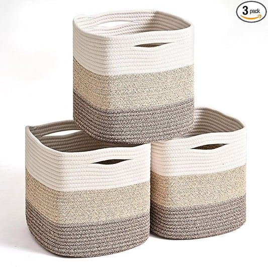 11 Inch Cube Storage Bins, Storage Cube Organizer Bins, Woven Cotton Rope Baskets for Storage, Storage Basket for Organizing Shelves, Square Baskets for Toys, Gradient Brown (Pack of 3)-Ruum Studio Home