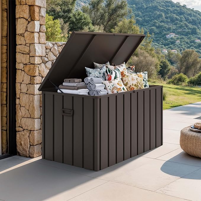 PURPLE LEAF Outdoor Deck Box 160 Gallon Waterproof Lockable Storage Box Container with Lid Deck Organization for Patio Cushions Side Table Pool Accessories Garden Tools, Brown-Ruum Studio Home