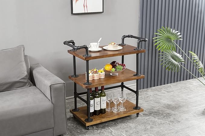 Industrial Pipe Bar Carts/Serving Carts/Kitchen Carts/Wine Rack Carts on Wheels with Shelves - Wood Rolling Carts - Wine Tea Liquor Shelves/Holder - Home Furniture-Ruum Studio Home