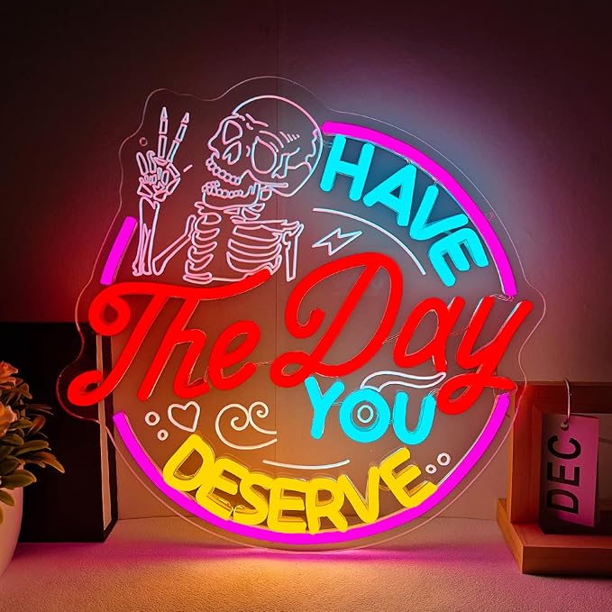 Have The Day You Deserve Neon Sign,Funny Skull Neon Signs For Wall Decor,USB Dimmable LED Neon Light signs for Bedroom,Party, Bar, club,Living Room Halloween Decoration Gifts-Ruum Studio Home