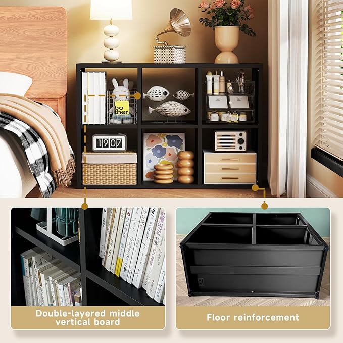 6 Cube Storage Organizer, Black Bookshelf with Storage, 2 Tier Storage Cubes, Freestanding Storage Organizer with Shelves for Living Room, Study-Ruum Studio Home