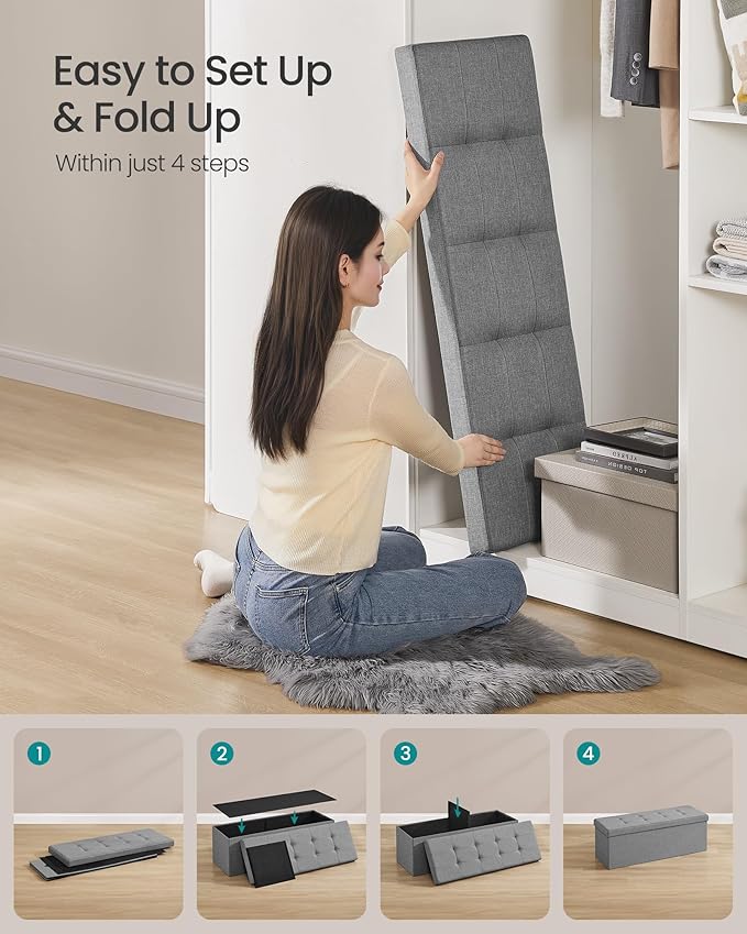 SONGMICS MAZIE Collection - 43 Inches Folding Storage Ottoman Bench, Ottoman Foot Rest, End of Bed Bench, Storage Chest, Load 660 lb, for Living Room, Bedroom, Entryway, Light Gray ULSF77G-Ruum Studio Home