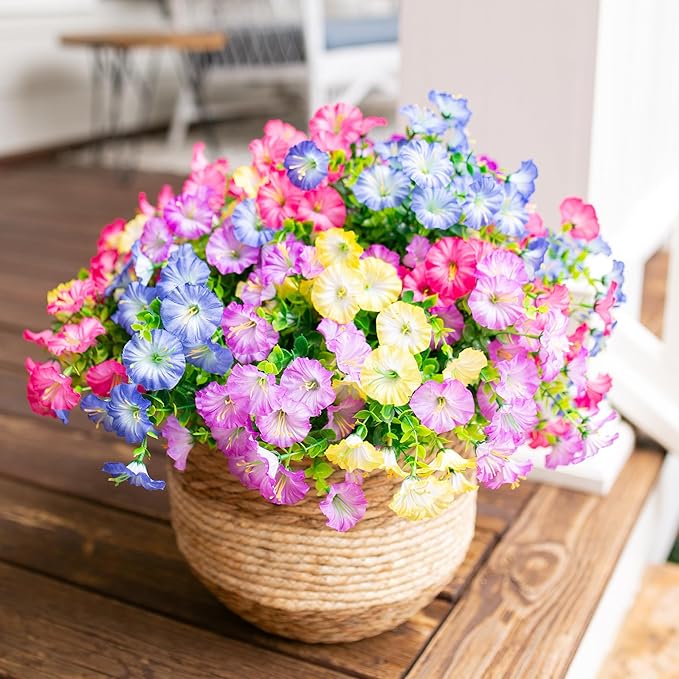 Artificial Flowers for Outdoors Fake Plants Outside Decoration, 12 Bundles Silk Colorful Morning Glory with Eucalyptus UV Resistant Realistic Faux Flowers for Planter Porch Patio Yard Indoor-Ruum Studio Home