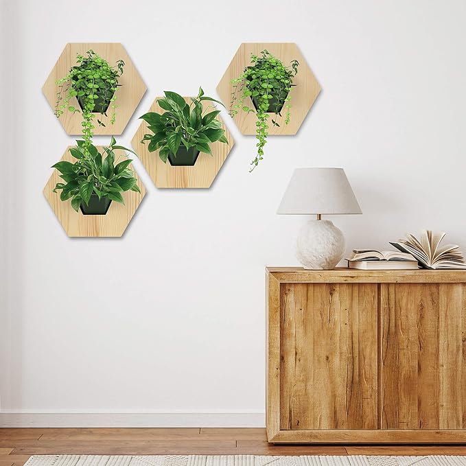 Hexagonal Wooden Wall Planter, Self Watering Living Vertical Planters Indoor, Wooden Frame Planter Wall Decoration Home Office 2pc-Ruum Studio Home