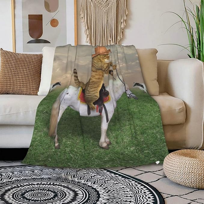 HGOD DESIGNS Funny Cat Throw Blanket Ultra Soft Warm All Season The Cat Cowboy on a Horse Decorative Fleece Blankets for Bed Chair Car Sofa Couch Bedroom 50"X60"-Ruum Studio Home