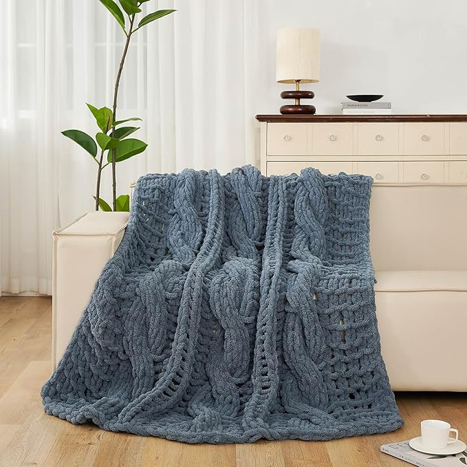 Esterra Chunky Knit Blanket Throw 50"x60", 100% Hand Knitted Chenille Throw Blanket, Cozy Soft Thick Cable Knit Throw Large Rope Knot Crochet Throw Blanket for Sofa Couch Bed, Blue Mirage-Ruum Studio Home