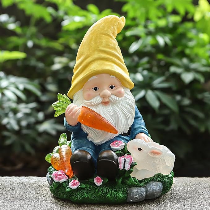 Solar Garden Outdoor Statues Gnome Feeding Rabbit with 6 LED Solar Figurine for Lawn,Patio,Balcony,Yard Decor Unique Housewarming Gift, for Grandfather, Father,Grandma-Ruum Studio Home