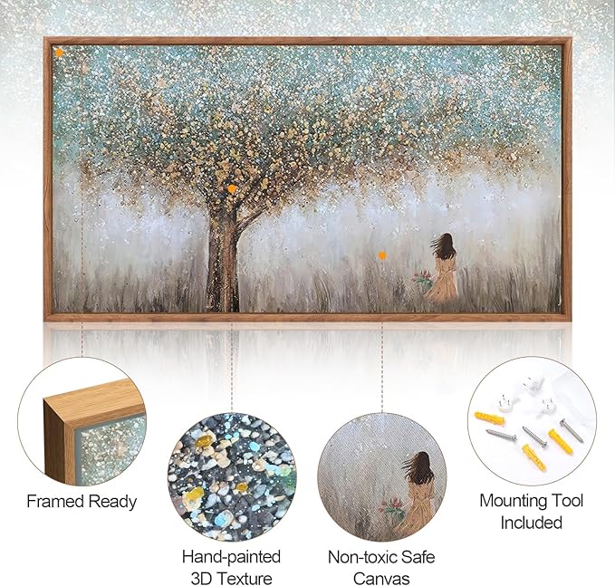 Aurlan Tree of Life Hand Painted Framed Wall Decor(40"x20"), Large Abstract Girl under Tree Oil Painting Canvas Artwork, Modern Nature Landscape Art for Office Living Room Bedroom-Ruum Studio Home