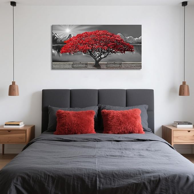 Black and White Red Tree Wall Art Canvas Print Picture Large Red Tree Landscape Modern Artwork for Living Room Bedroom Office Home Wall Decoration Decor With Frame 20x40in-Ruum Studio Home
