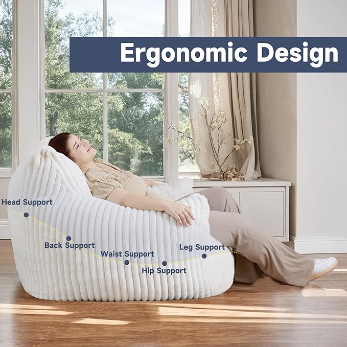 Oversized Bean Bag Chair for Adults, Giant Comfy Plush Boneless Bean Bag Couch with Filler for Kids - Reading Chair for Living Room, Bedroom & Dorm, Single Accent Chair Floor Lounger, Beige-Ruum Studio Home
