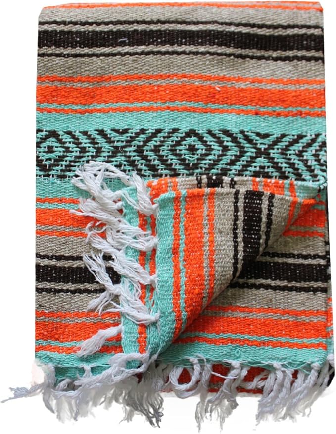 Del Mex Classic Mexican Blanket, Large Authentic Woven Falsa Throw (70"x50"), Artisan Southwest Décor for Beach, Yoga, Outdoors (Mint/Tan/Orange)-Ruum Studio Home
