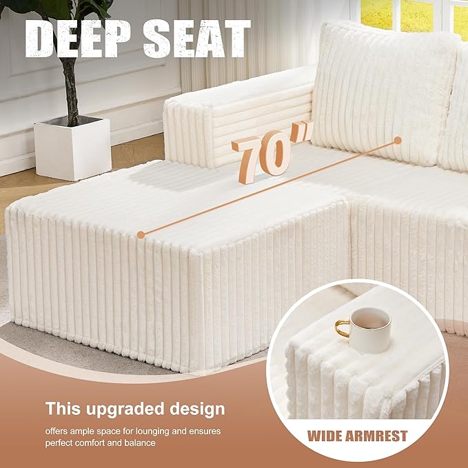 Hobestluk Modular Sectional Sofa Memory Foam Couch L Shape Sofa for Living Room Loveseat with Chaise Lounge Cloud Couch with Removable Cover (Stripe White, Loveseat with Chaise)-Ruum Studio Home