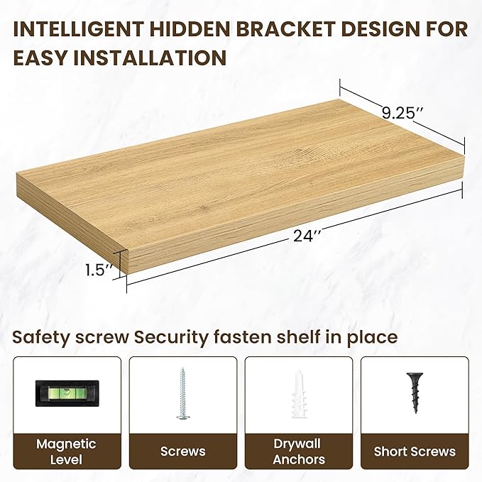 24 Inch Floating Shelves, 12 Inch Deep Floating Shelves for Wall, Floating Shelf with Invisible Brackets, Deep Shelves for Bathroom, Bedroom, Living Room, 2 Pack, Natural-Ruum Studio Home
