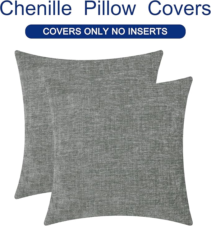 CaliTime Throw Pillow Covers Decorative 16 X 16 Inches Pack of 2 Cozy Chenille Cushion Cases for Couch Sofa Bed Living Room Home Medium Grey-Ruum Studio Home
