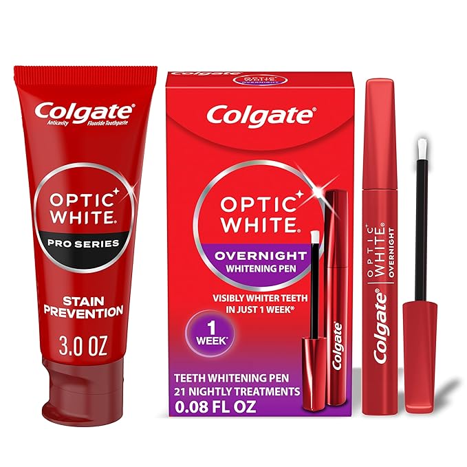 Colgate Optic White Overnight Teeth Whitening Pen and Whitening Toothpaste Kit, Includes 0.08 fl oz Teeth Whitener Pen with 21 Nightly Treatments Plus a 3.0 fl oz Enamel Safe Whitening Toothpaste-Ruum Studio Home