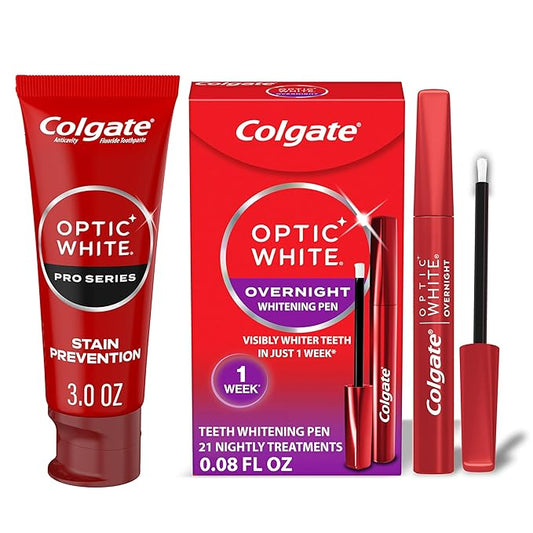 Colgate Optic White Overnight Teeth Whitening Pen and Whitening Toothpaste Kit, Includes 0.08 fl oz Teeth Whitener Pen with 21 Nightly Treatments Plus a 3.0 fl oz Enamel Safe Whitening Toothpaste-Ruum Studio Home