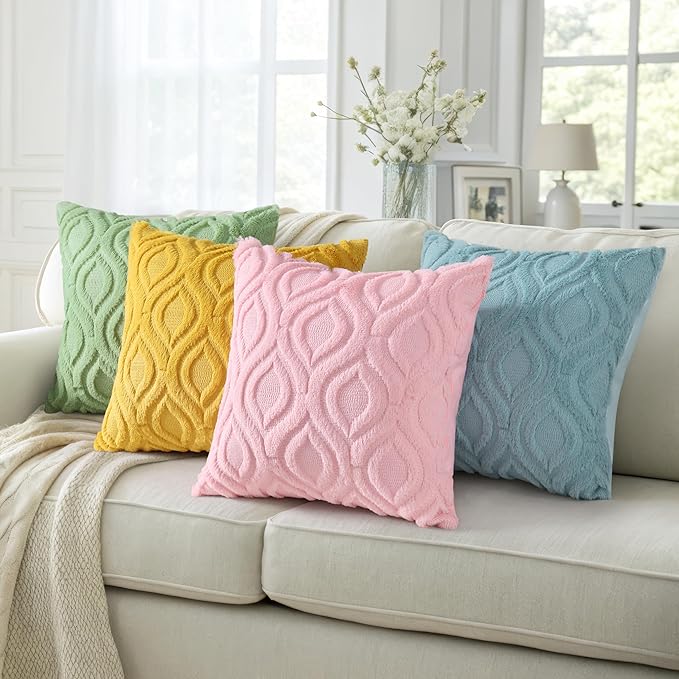 decorUhome Fall Throw Pillow Covers 20x20 Inch Set of 2, Soft Plush Decorative Faux Fur Aqua Solid Couch Pillow Covers, Accent Farmhouse Neutral Square Euro Pillow Cases for Sofa Bed Living Room-Ruum Studio Home