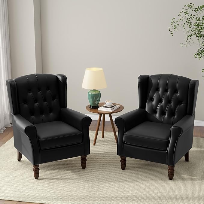 Accent Chair, Upholstered Armchair with Button Tufted High Back & Solid Wood Legs, Comfy Wingback Reading Single Sofa Chair for Small Spaces, Living Room, Bedroom (Leather Black, Set of 1)-Ruum Studio Home