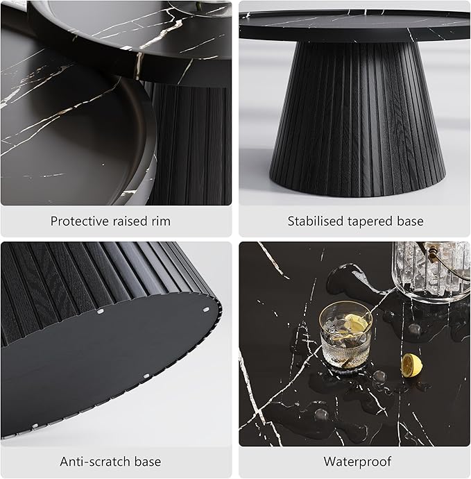 win2win Nesting Coffee Table Set of 2, Modern Coffee Table with Marble Veneer, Fluted Round Tea Table and End Table Set, Minimalist Center Tables for Living Room, Office, Black-Ruum Studio Home